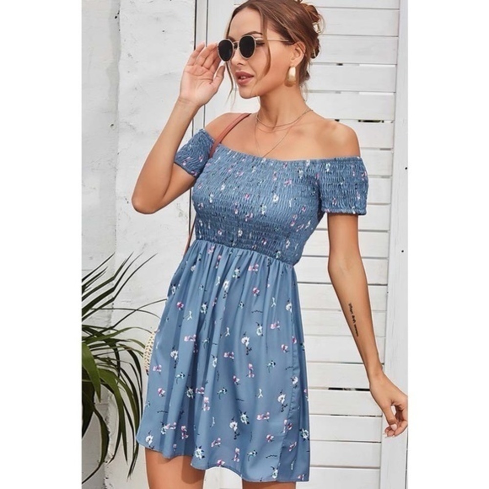 Boutique off shoulder smocked mini skater dress